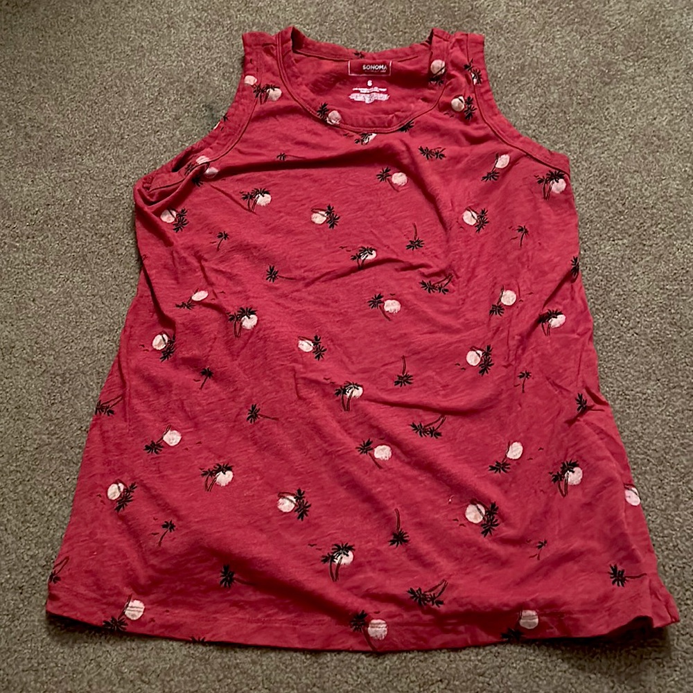 Red tank top with palm trees and a sun